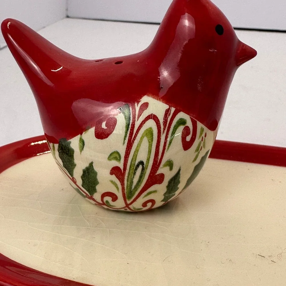 Red Cardinal Bird Ceramic Salt and Pepper Shaker Set with Tray Christmas Holly